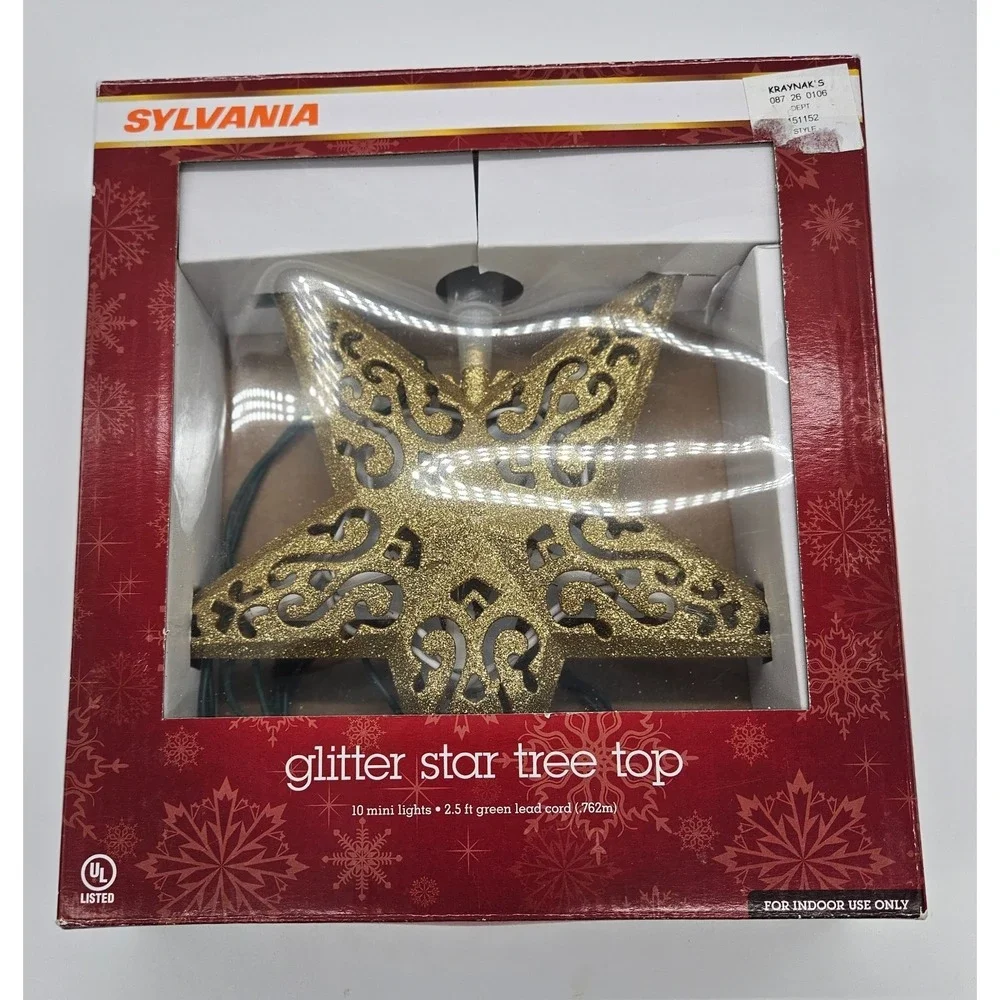 Sylvania Gold Glitter Star Tree Topper 10 Mini Lights Scrollwork Filigree 2.5ft